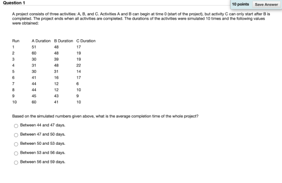 Question 1 10 points Save Answer A project consists of three activities: A, B, and C. Activities A and B can begin at time 0