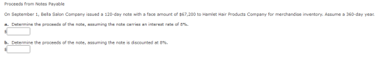 Proceeds from Notes Payable On September 1, Bella Salon Company issued a 120-day note with a face amount of $67,200 to Hamlet