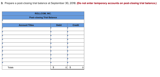 3. Prepare a post-closing trial balance at September 30, 2018. (Do not enter temporary accounts on post-closing trial balance