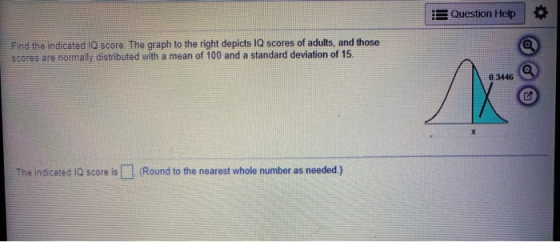 Question Help Find the indicated IQ score. The graph to the right depicts IQ scores of adults, and those scores are normally