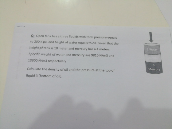 Open tank has a three liquids with total pressure equals Qi to 200 K pa, and height of water equals to oil. Given that the he