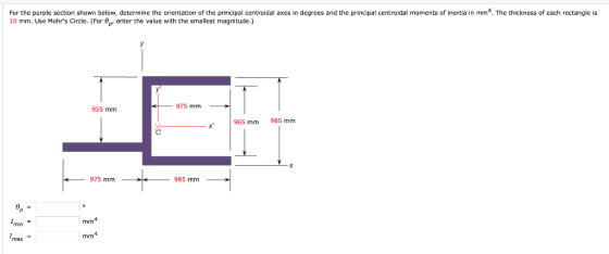 For the purple section shown below, determine the orientation of the principal centroidal axes in degrees and the principal c