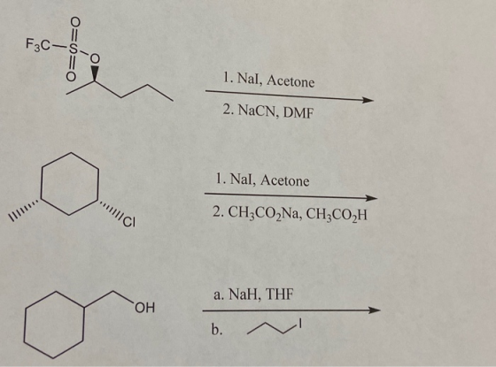 F3C-S 1. Nal, Acetone 2. NaCN, DMF 1. Nal, Acetone 2. CH3CO2Na, CH3CO2H a. NaH, THF OH b. O=SHO