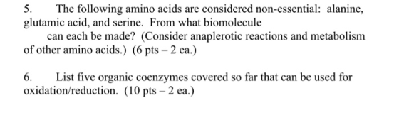 5. The following amino acids are considered non-essential: alanine, glutamic acid, and serine. From what biomolecule can each