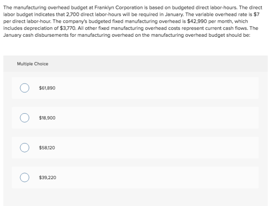 The manufacturing overhead budget at Franklyn Corporation is based on budgeted direct labor-hours. The direct labor budget in