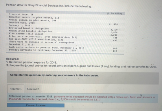 Pension data for Barry Financial Services Inc. include the following: ($ in 0008) $ 470 Discount rate, 78 Expected return on