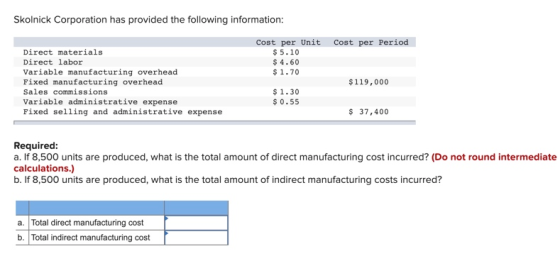 Skolnick Corporation has provided the following information: Cost per Period Cost per Unit $ 5.10 $ 4.60 $ 1.70 Direct materi