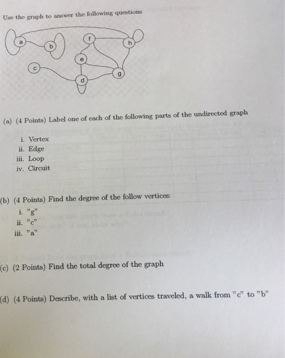 Use the graph to answer the following questions 9 (a) (4 Points) Label one of each of the following parts of the undirected graplh i. Vertex ii. Edge ii. Loop iv. Circuit (b) (4 Points) Find the degree of the follow vertices: i. g iii. ? (c) (2 Points) Find the total degree of the graph (d) (4 Points) Describe, with a list of vertices traveled, a walk fromc to b