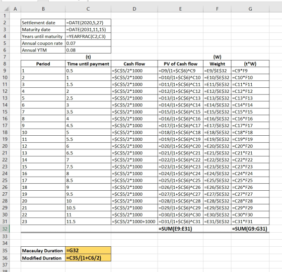 B / C / D E F G | Settlement date =DATE(2020,5,27) Maturity date =DATE(2031,11,15) Years until maturity =YEARFRAC(C2,C3) Annu