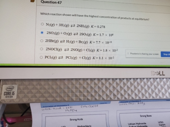 Question 47 Which reaction shown will have the highest concentration of products at equilibrium? O N2(g) + 3H2(g) + 2NH3(g) K
