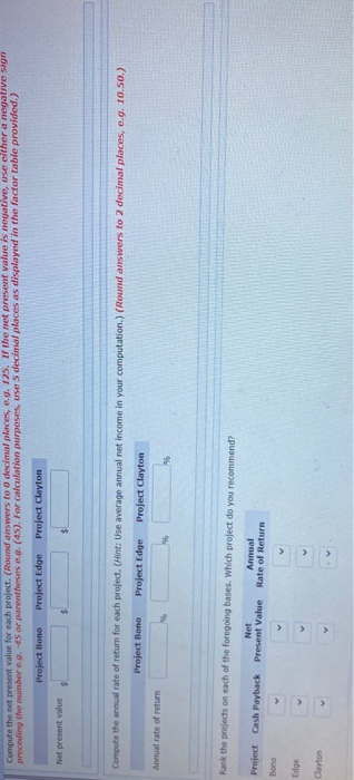 Compute the net present value for each project. (Round answers to o decimal places, e.. 125. If the net present value is nega