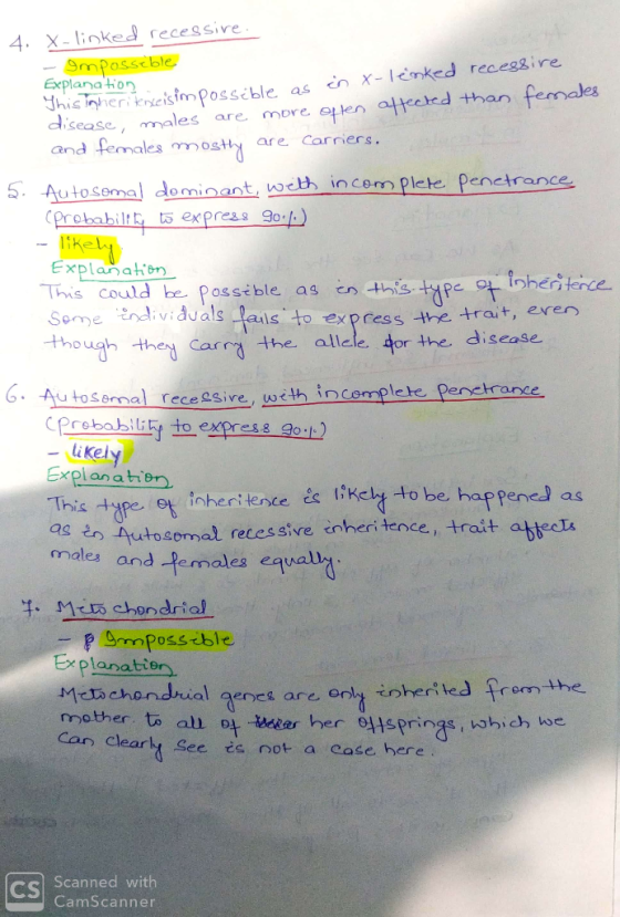 Explanation 4. X-linked recessive - Imposseble This gherikeneis impossible as in x-lenked recessire disease, males are more o