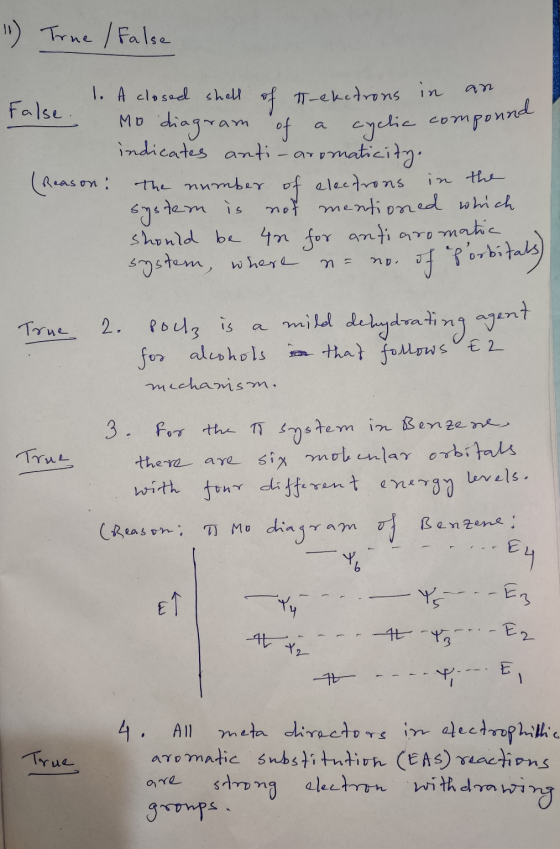 11) True / False False. Mo diagram of a 1. A closed shell of teketrons in an Mo diagram of a cyclic compound indicates anti-a