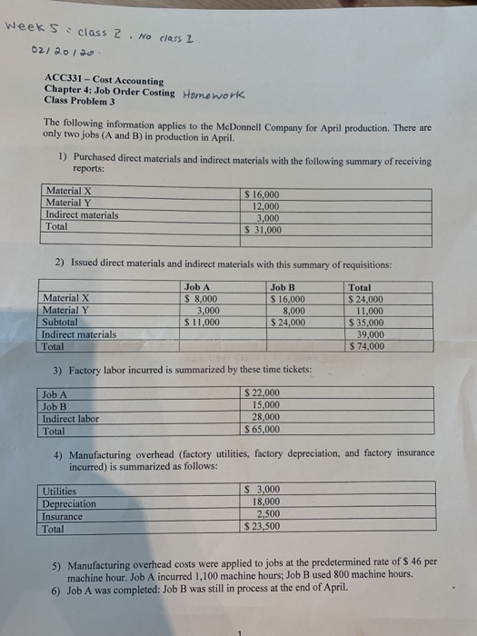 Weeks: class z. No class 2 02/ 2010 ACC331 - Cost Accounting Chapter 4: Job Order Costing Homework Class Problem 3 The follow