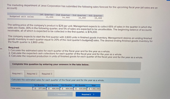 The marketing department of Jessi Corporation has submitted the following sales forecast for the upcoming fiscal year (all sa