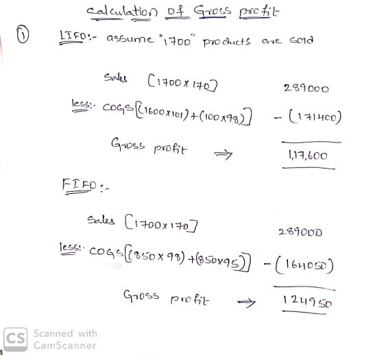 Calculation o£ Gross poc fit- LTF0!- assume 1700 pro ducts are sold 289000 sales [1700x1707 less.- COGS(1600x101) +(100193)
