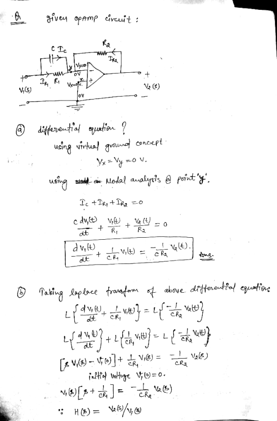 - a given op Amp circuit : clc - www + to IR Ri vot Na (6) 1,6) @ differential quation ? using virtual ground concept . Vx =