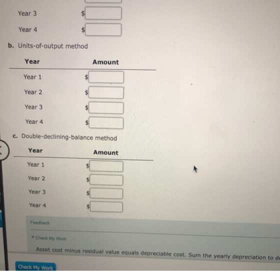 Year 3 Year 4 b. Units-of-output method Year Amount Year 1 Year 2 Year 3 Year 4 c. Double-declining-balance method Year Amoun