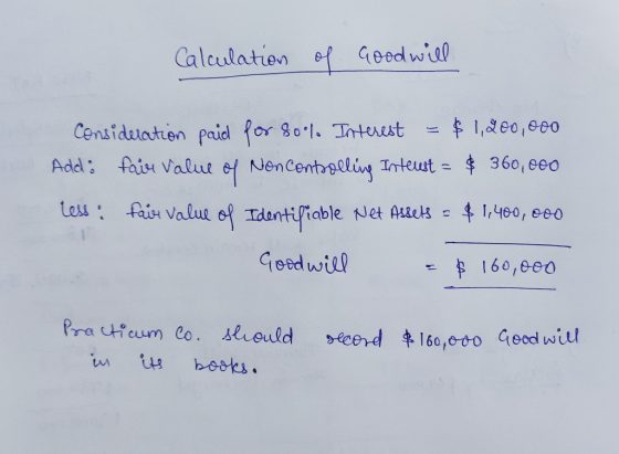 Calculation of Goodwill Consideration paid for soil. Interest = $ 1,200,000 Add: fair value of Noncontrolling Inteust = $360,