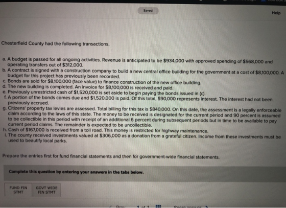 Saved Help Chesterfield County had the following transactions. a. A budget is passed for all ongoing activities. Revenue is a