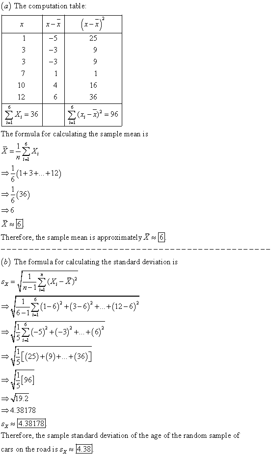 (a) The computation table 25 10 12 4 36 x 36 Σ(xi-x)2 = 96 The formula for calculating the sample mean is 13+.+12 3(36) There