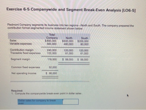 Exercise 6-5 Companywide and Segment Break-Even Analysis [LO6-5] Piedmont Company segments its business into two regions-North and South. The company prepared the contribution format segmented income statement shown below: Total CompanyNorth South $800,000 $600,000 $200,000 560,000 480,000 80,000 Sales Variable expenses Contribution margin 240,000120,000 120,000 61,00061,000 Traceable fixed expenses Segment margin Common fixed expenses Net operating income 122,000 18,000 $ 59,000 $ 59,000 2,000 $ 66,000 Required: 1. Compute the companywide break-even point in dollar sales Dollar sales for company to break