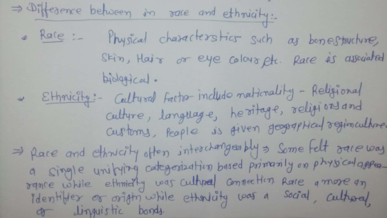 » Difference between in race and ethnicity: . Race in Physical characterstics such as bon estructure, Skin, Hair or eye colou