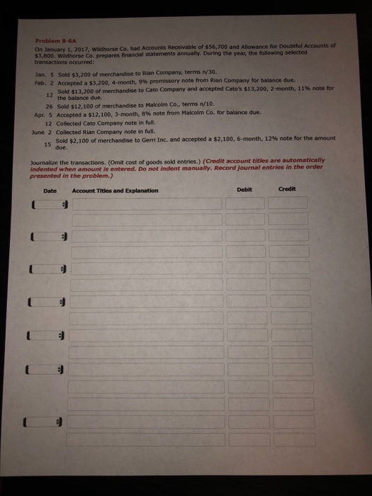 Problem 3-6A On January 1, 2012, w horse Co had Accounts Receivable of $56,700 and Allowance for Doubtful Accounts of $3,800