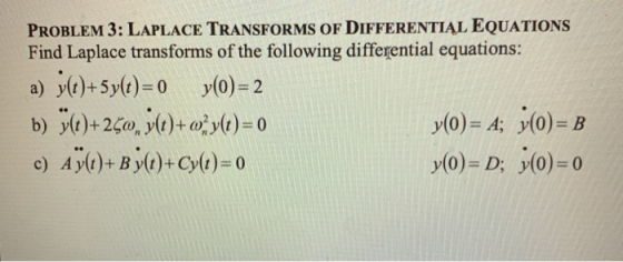 PROBLEM 3: LAPLACE TRANSFORMS OF DIFFERENTIAL EQUATIONS Find Laplace transforms of the following differential equations: a) y
