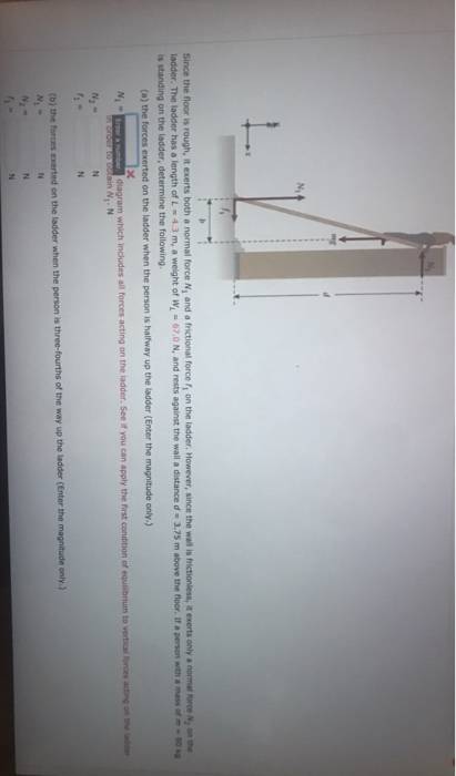 Since the floor is rough, it exerts both a normal force N, and a frictional force / on the ladder. However, since the wall is