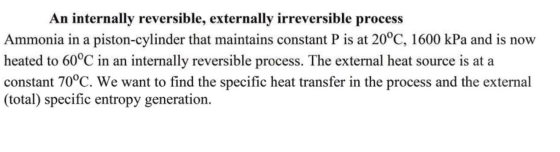 An internally reversible, externally irreversible process Ammonia in a piston-cylinder that maintains constant P is at 20°C,