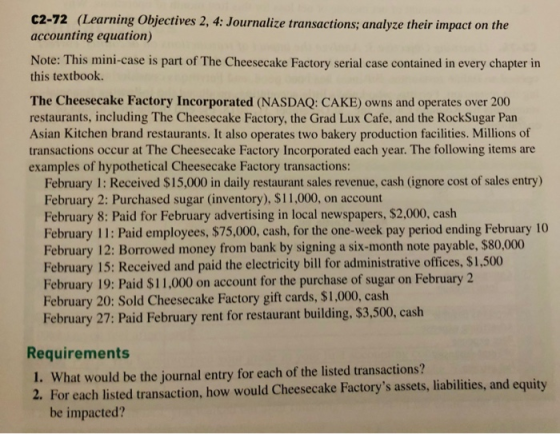 C2-72 (Learning Objectives 2, 4: Journalize transactions; analyze their impact on the accounting equation) Note: This mini-ca