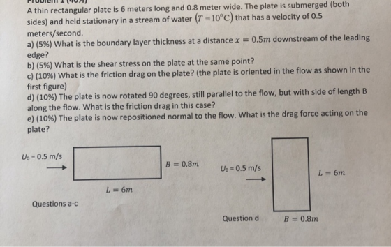 A thin rectangular plate is 6 meters long and 0.8 meter wide. The plate is submerged (both sides) and held stationary in a st