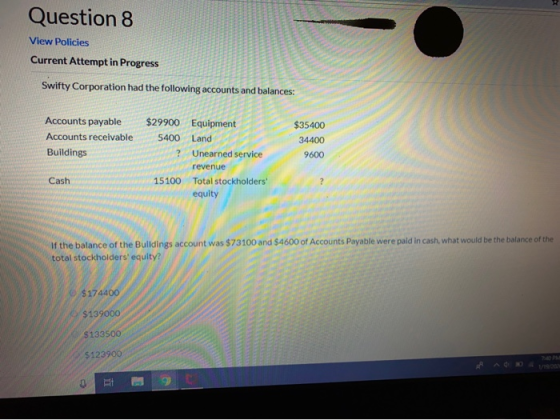 Question 8 View Policies Current Attempt in Progress Swifty Corporation had the following accounts and balances: Accounts pay