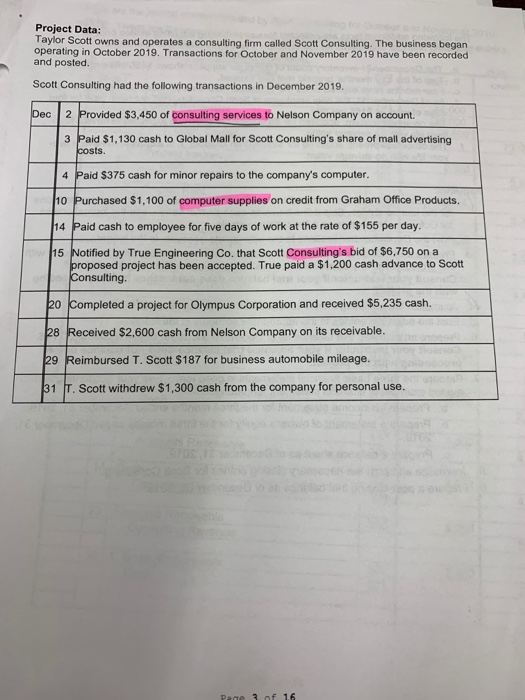 Project Data: Taylor Scott owns and operates a consulting firm called Scott Consulting. The business began operating in Octob