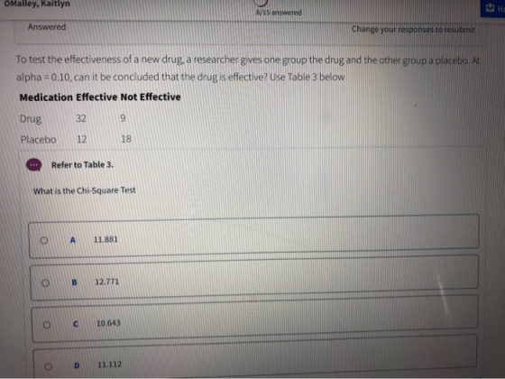 OMalley, Kaitlyn Answered Change your responses to resub To test the effectiveness of a new drug, a researcher gives one grou