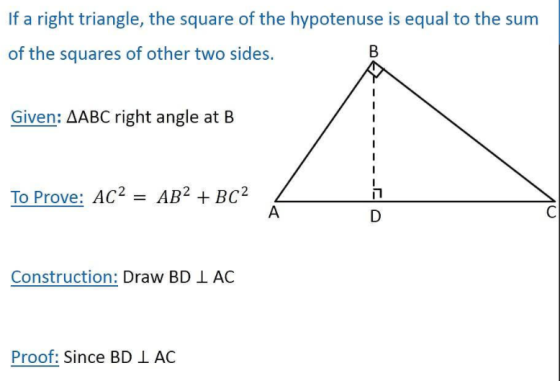 If a right triangle, the square of the hypotenuse is equal to the sum of the squares of other two sides. B Given: AABC right 