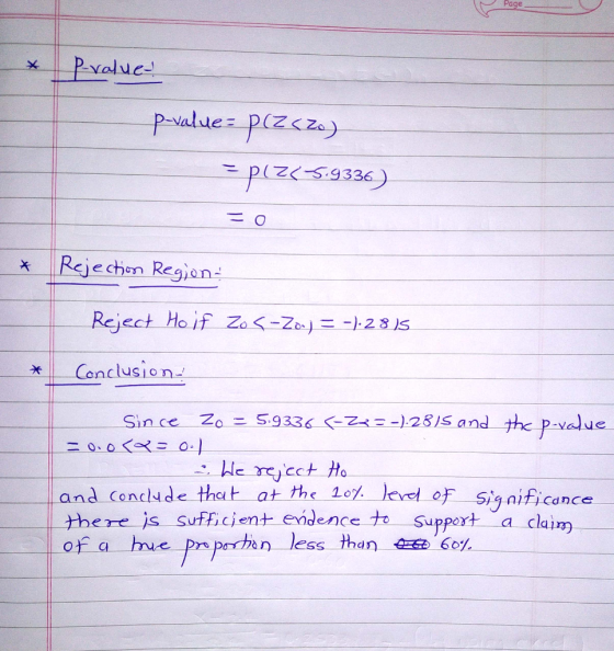 Page Pvalue Pvalue pzcz pizs.9336) Rejechen Regian Reject Ho if Zo-Zo -)-28 )S Conclusion -}28)S and the p-value S.9336 Sin c
