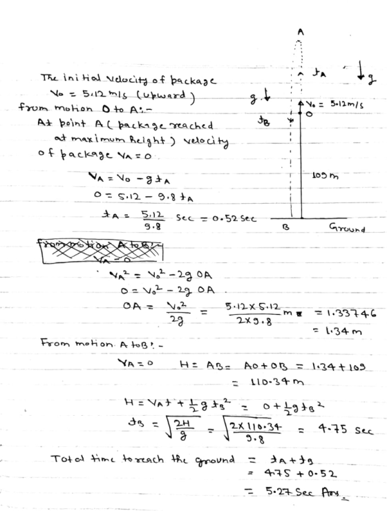 The niHal Ndocit of packaae 5.12mls From moion to A- Je * A* point A backnrached at maximum eight) veloci A = 512 Sec 0.52 Sec round 5.12X S-12 2x3.8 m = 1.3374. 2 From moon A o 24118:34- 千-75 s Sec ㅜ어 이 time ton.ach tRL Ground 4,구 S +0.52 5.23 Sec Ar