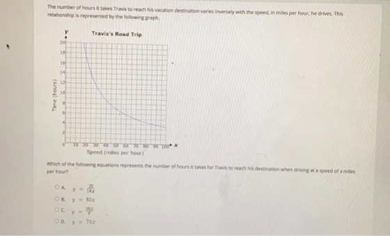 The number of hours it takes Travis to reach his vacation destination varies inversely with the speed in miles per hour, he d