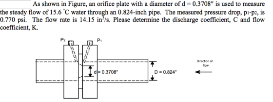 As shown in Figure, an orifice plate with a diameter of d 0.3708 is used to measure 0.770 psi. The flow rate is 14.15 in/s. Please determine the discharge coefficient, C and flow coefficient, K. P1 Direction of flow 0.3708 D 0.824