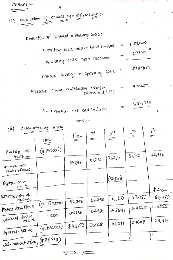 Answer c calaulation of annual net ash inflows:- Reduchion n anhual openathg costs $S1000 opeatng Costs, present hand me It,o