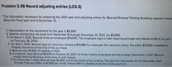 Problem 3-3B Record adjusting entries (LO3-3) The information necessary for preparing the 2021 year-end adjusting entries for