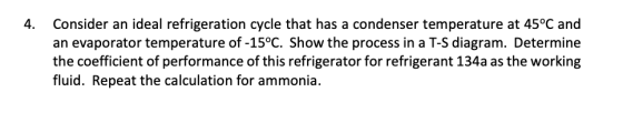 4. Consider an ideal refrigeration cycle that has a condenser temperature at 45°C and an evaporator temperature of -15°C. Sho