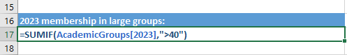15 16 2023 membership in large groups: 17 =SUMIF(AcademicGroups[2023],>40) 18