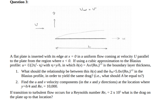 Question 3: --うつc A flat plate is inserted with its edge at x = 0 in a uniform flow coming at velocity U parallel to the plat