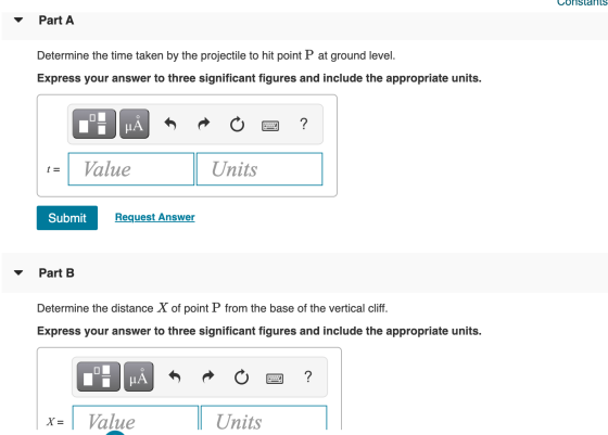 constants Part A Determine the time taken by the projectile to hit point P at ground level. Express your answer to three sign