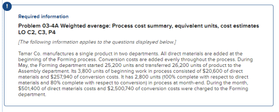 Required information Problem 03-4A Weighted average: Process cost summary, equivalent units, cost estimates LO C2, C3, P4 (Th
