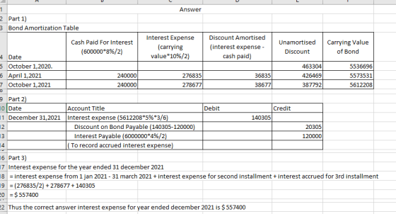 Answer 2 Part 1) 3 Bond Amortization Table Cash Paid For Interest (600000*8%/2) Interest Expense (carrying value*10%/2) Disco