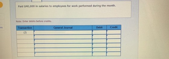 Paid $40,000 in salaries to employees for work performed during the month. Note: Enter debits before credits. ces Transaction